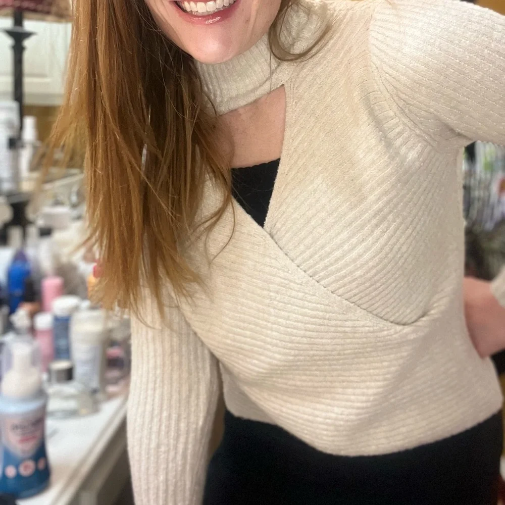 Pink Rose Cream Cowl Neck Sweater with Chunky Knit - Picture 3 of 6